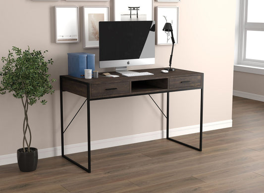 Computer Gaming Desk Dark Brown Reclaimed Wood 2 Drawers 1 Shelf Black Metal - DecoElegance - Desk
