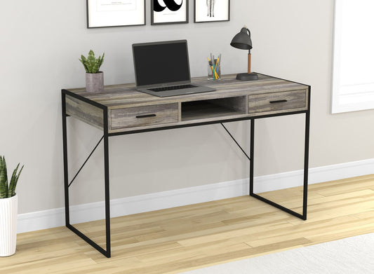 Computer Gaming Desk Distressed Wood 2 Drawers 1 Shelf Black Metal - DecoElegance - Desk