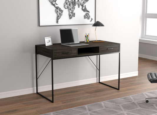 Computer Gaming Desk Grey Wood 2 Drawers 1 Shelf Black Metal - DecoElegance - Desk