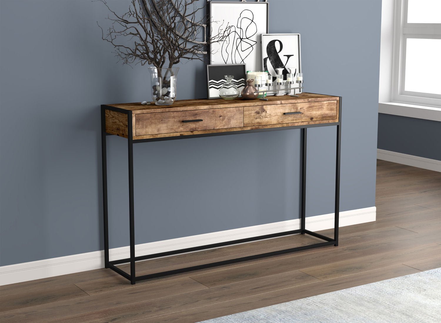 Console Sofa Table Brown Reclaimed Wood 2 Drawers Black Metal - DecoElegance - Sofa Console Table