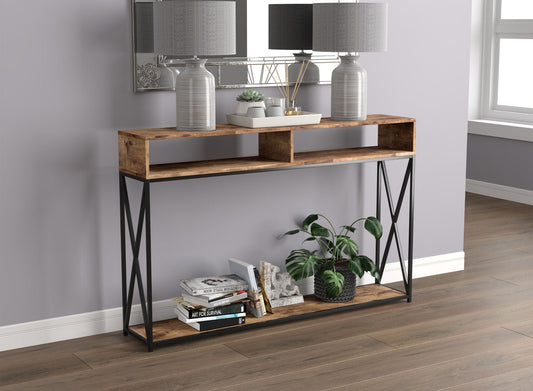 Console Sofa Table Brown Reclaimed Wood Look 2 Open Shelves Black Metal - DecoElegance - Sofa Console Table