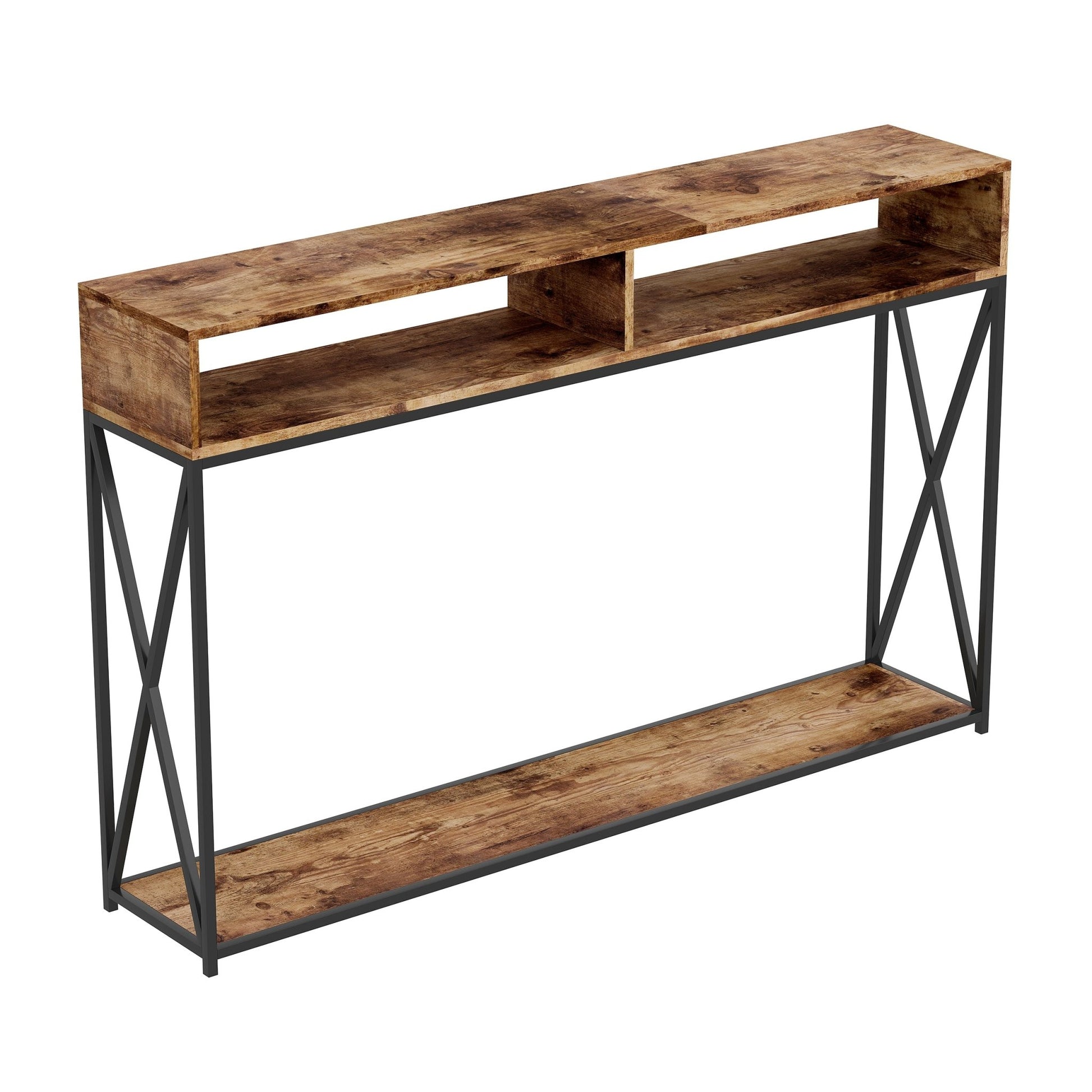 Console Sofa Table Brown Reclaimed Wood Look 2 Open Shelves Black Metal - DecoElegance - Sofa Console Table