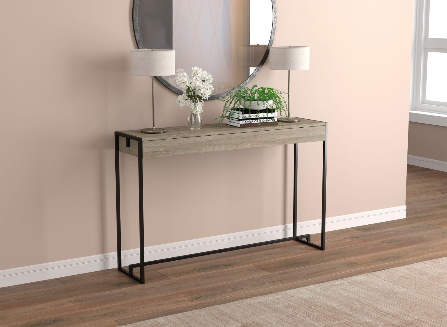 Console Sofa Table Dark Taupe Black Metal Frame - DecoElegance - Sofa Console Table