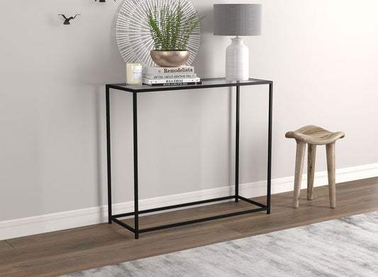 Console Sofa Table Glass Top Black Metal Base - DecoElegance - Sofa Console Table