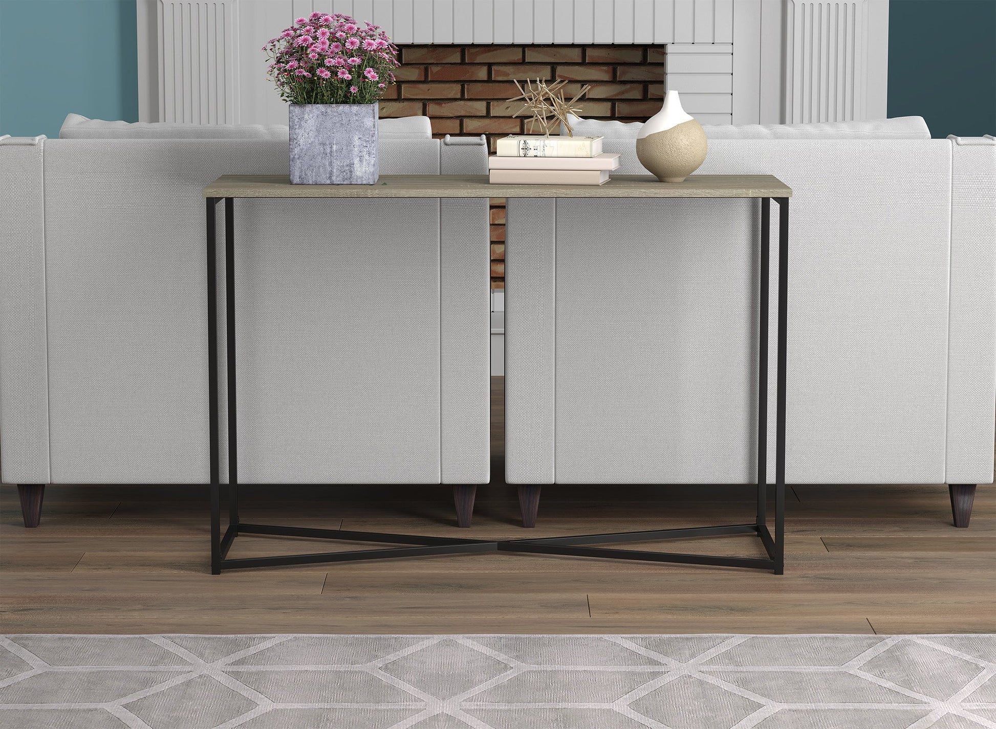 Console Sofa Table with Dark Taupe Top and Black Metal Base - DecoElegance - Sofa Console Table