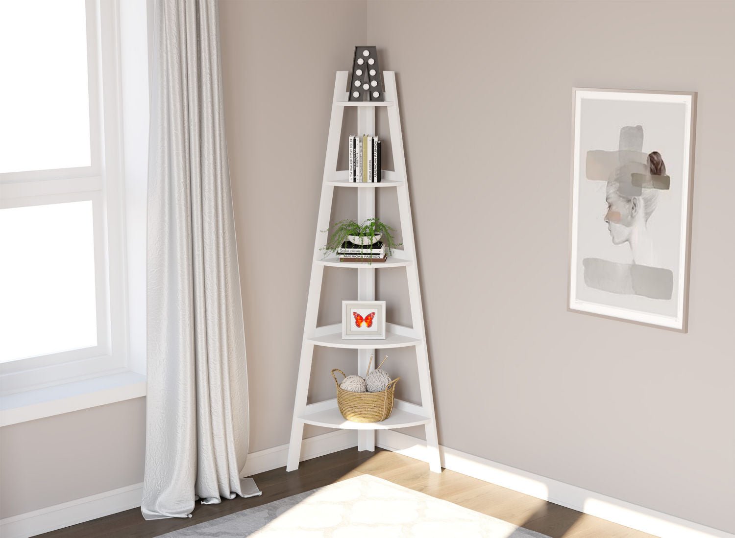 Corner Bookshelf White 5 Tier With Borders - DecoElegance - Standing Shelf