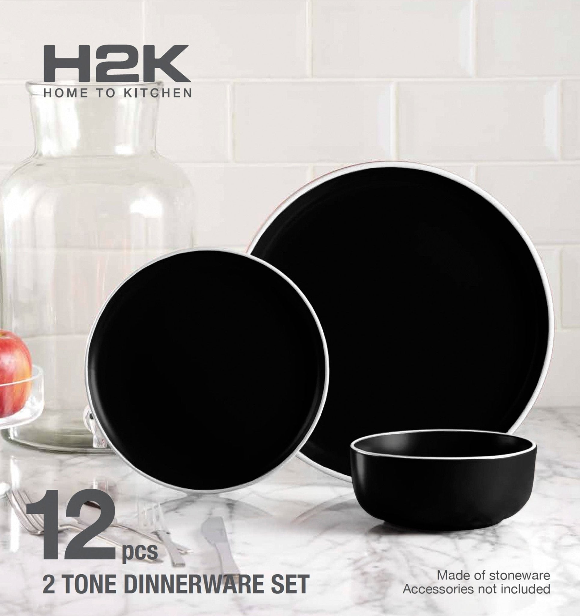 Dinnerware Set 12 Piece 2 Tone Cylinder Black, Service for 4 - DecoElegance - Dinnerware Set