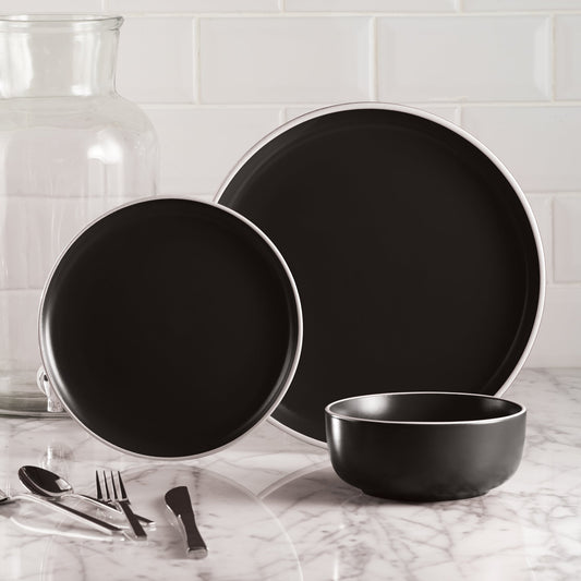 Dinnerware Set 12 Piece 2 Tone Cylinder Black, Service for 4 - DecoElegance - Dinnerware Set