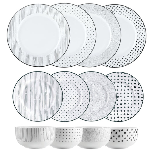 Dinnerware Set 12 Piece Black and White, Service for 4 - DecoElegance - Dinnerware Set
