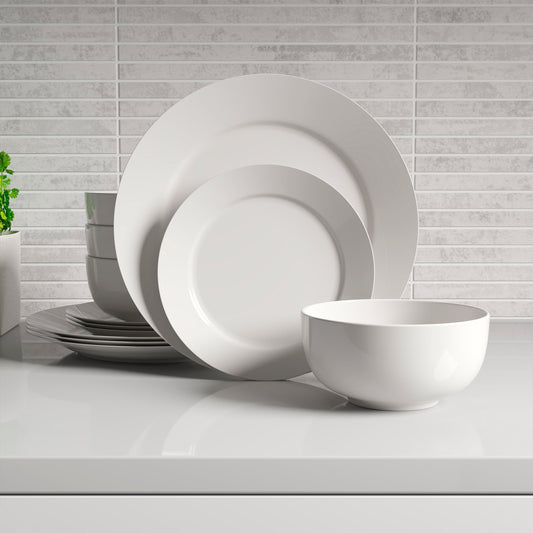 Dinnerware Set 12 Piece Plain White Round Rim, Service for 4 - DecoElegance - Dinnerware Set