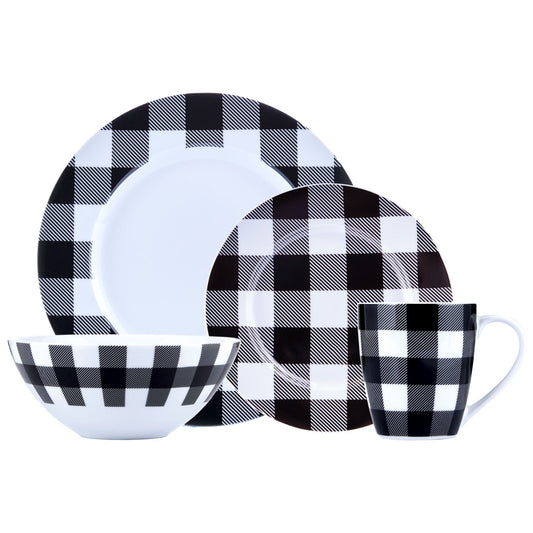 Dinnerware Set 16 Piece Buffalo Plaid White/Black, Service for 4 - DecoElegance - Dinnerware Set