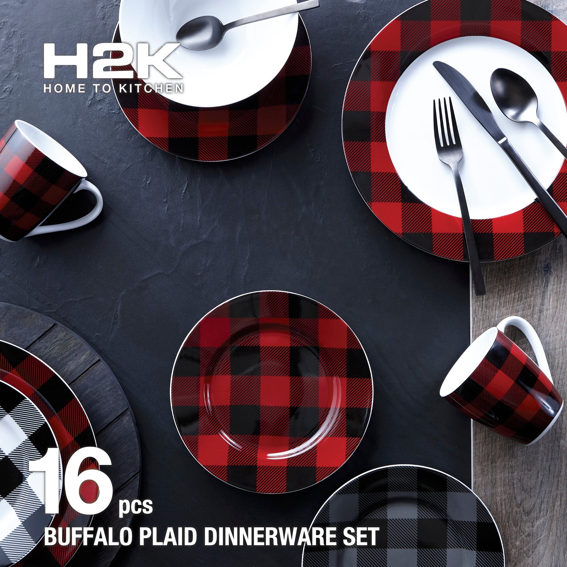 Dinnerware Set 16 Piece Buffalo Plaid White/Black, Service for 4 - DecoElegance - Dinnerware Set