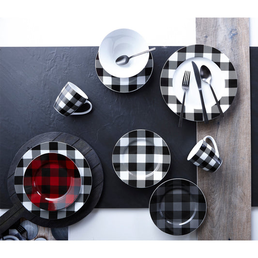 Dinnerware Set 16 Piece Buffalo Plaid White/Black, Service for 4 - DecoElegance - Dinnerware Set