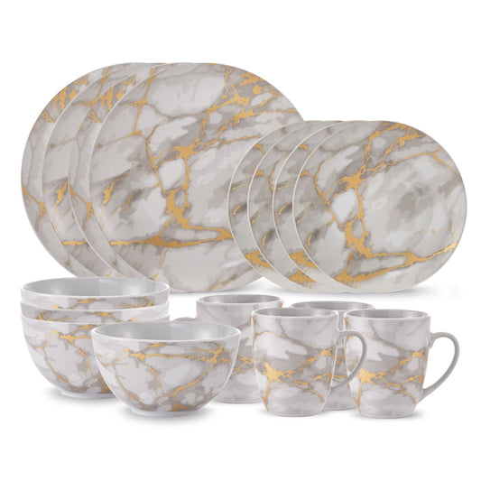 Dinnerware Set 16 Piece Coupe Porcelain Gold Marble Look, Service for 4 - DecoElegance - Dinnerware Set