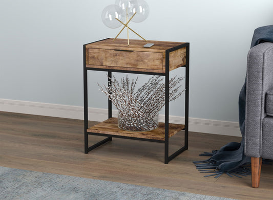 End Accent Table Brown Reclaimed Wood 1 Drawer 1 Shelf Black Metal - DecoElegance - End Accent Table