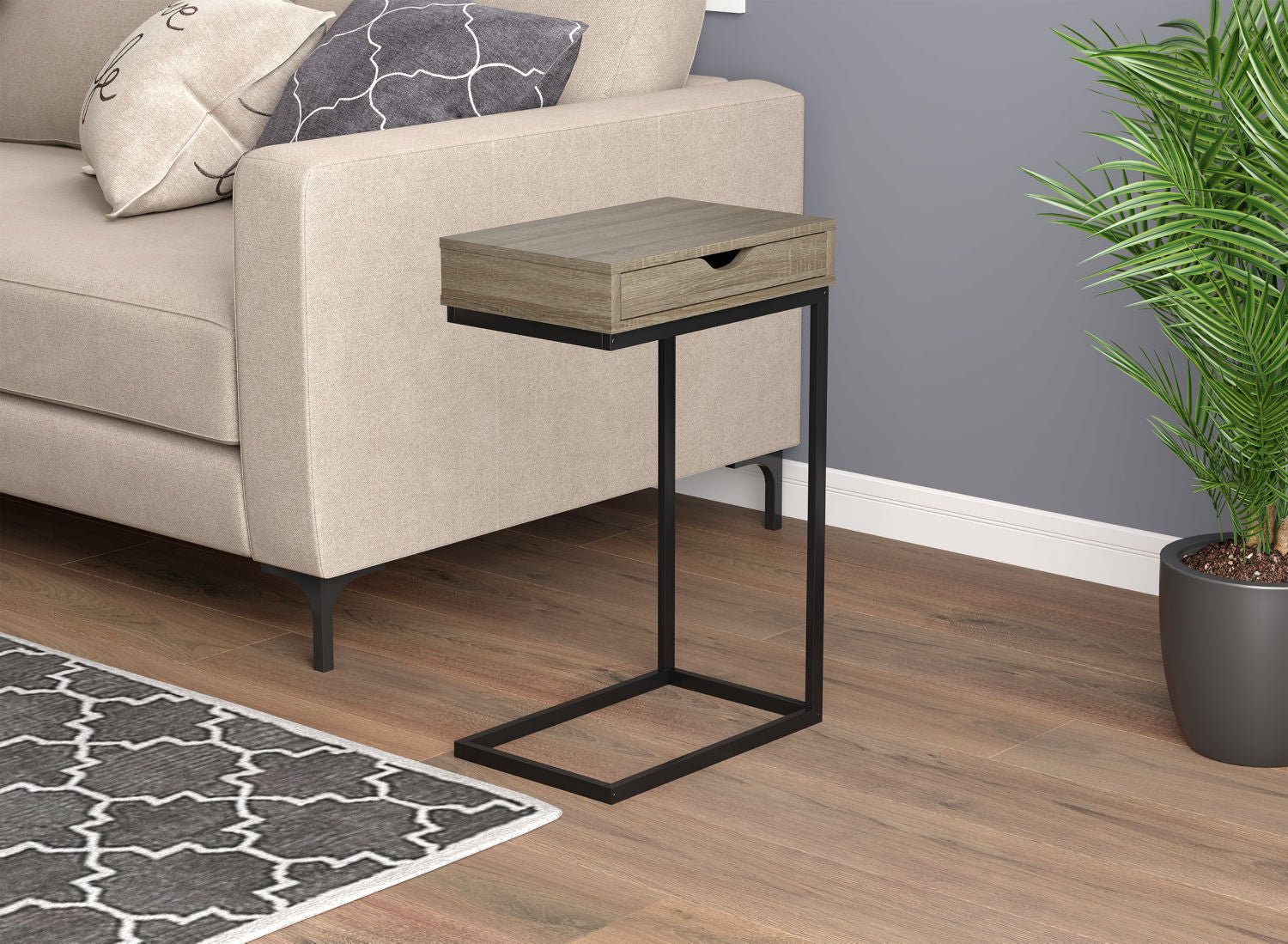 End Accent Table C-Shaped Dark Taupe 1 Drawer Black Metal - DecoElegance - End Accent Table