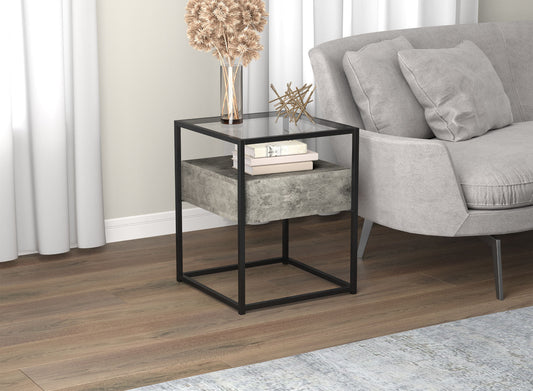 End Accent Table Dark Cement 1 Drawer Glass Top Black Metal - DecoElegance - End Accent Table