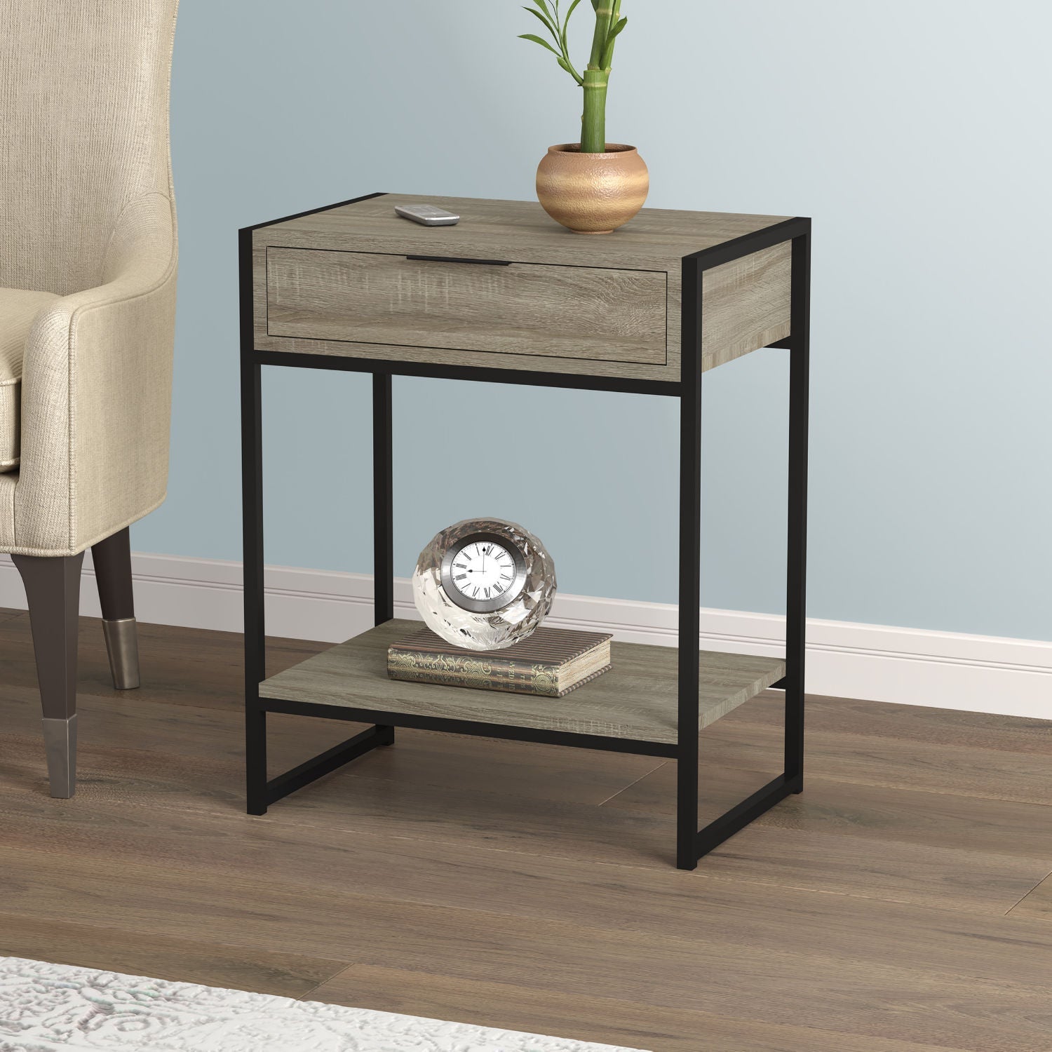 End Accent Table Dark Taupe 1 Drawer 1 Shelf Black Metal - DecoElegance - End Accent Table