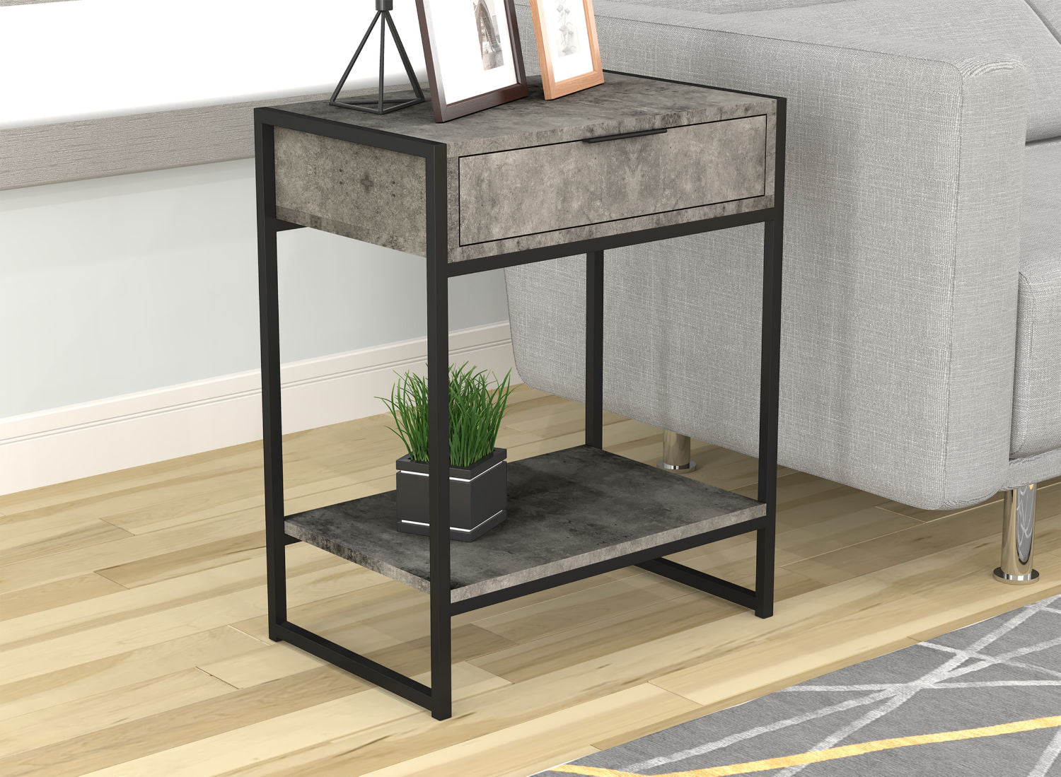 End Accent Table Grey Cement 1 Drawer 1 Shelf Black Metal - DecoElegance - End Accent Table