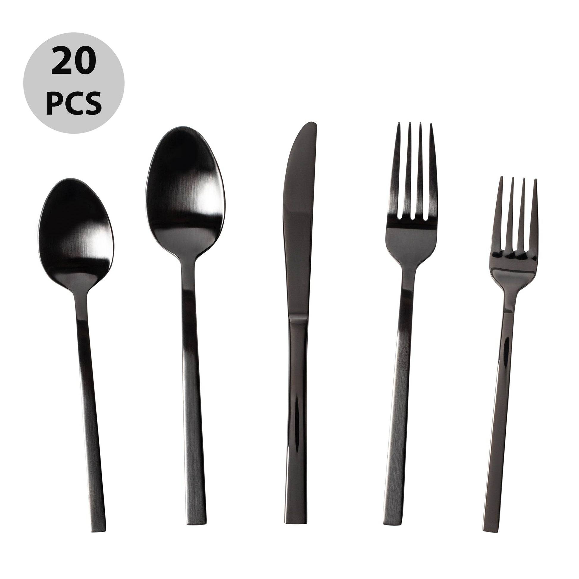 Flatware Silverware 20 Piece Cutlery Utensils Set for 4, Mirror Black - DecoElegance -