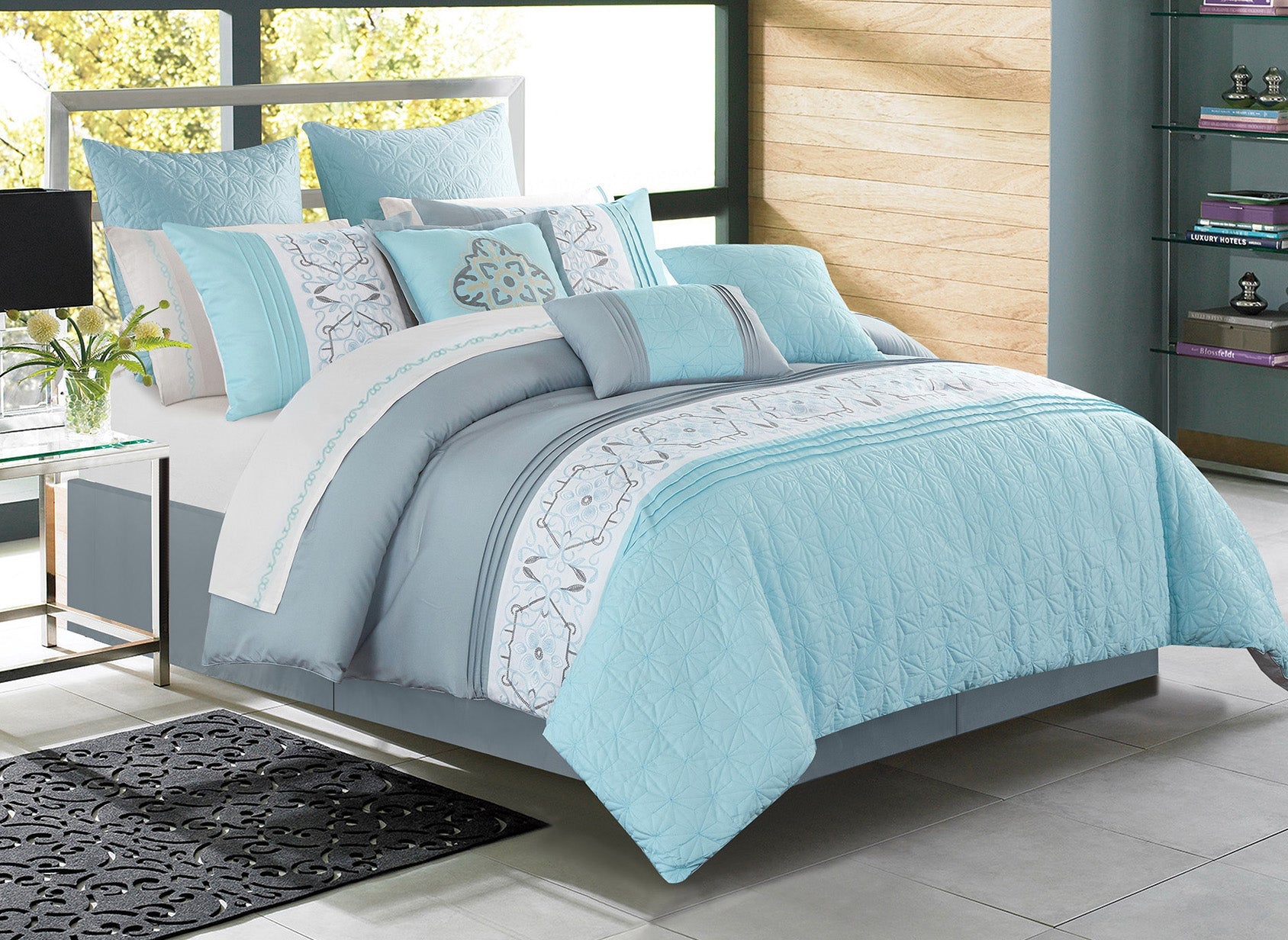 Microfiber 7 Piece Alysha Comforter Bedding Set D Blue - DecoElegance - Bedding Comforter Set
