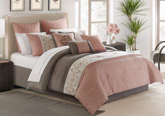 Microfiber 7 Piece Alysha Comforter Bedding Set Queen Pink - DecoElegance - Bedding Comforter Set
