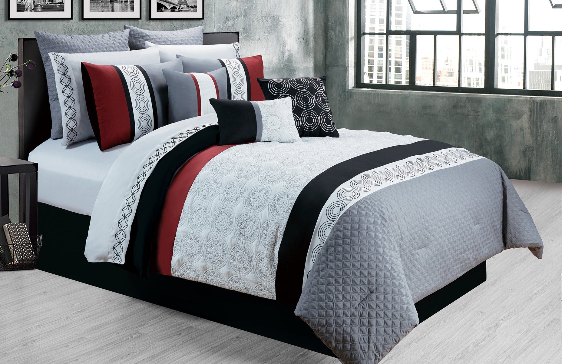 Microfiber 7 Piece Comforter Bedding Set Queen 90X90 Bistro Grey - DecoElegance - Bedding Comforter Set
