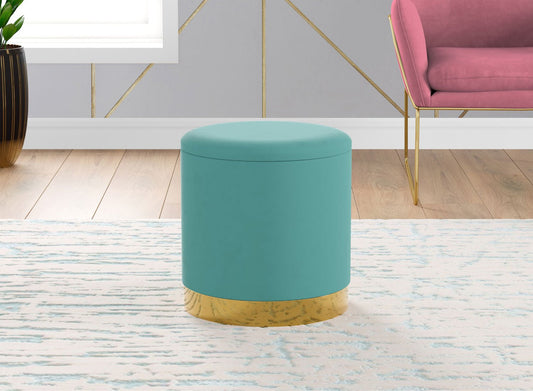 Ottoman Cylindre Velvet Aqua Gold Metal - DecoElegance - Ottoman Pouf