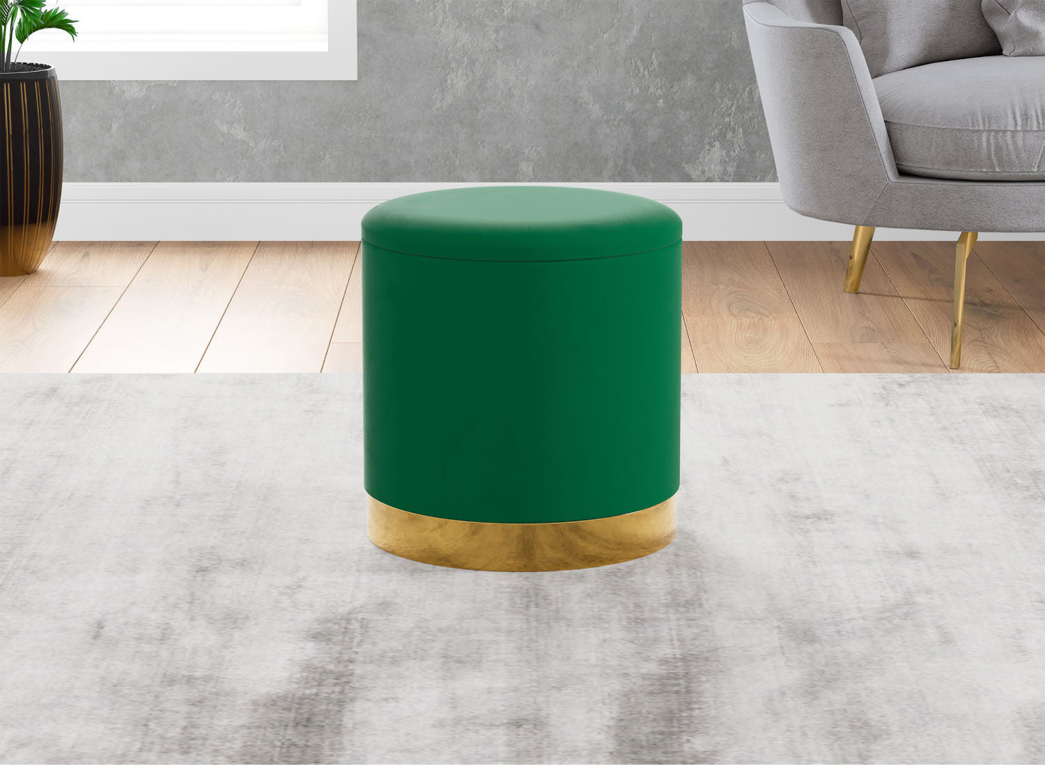 Ottoman Cylindre Velvet Forest Green Gold Metal - DecoElegance - Ottoman Pouf