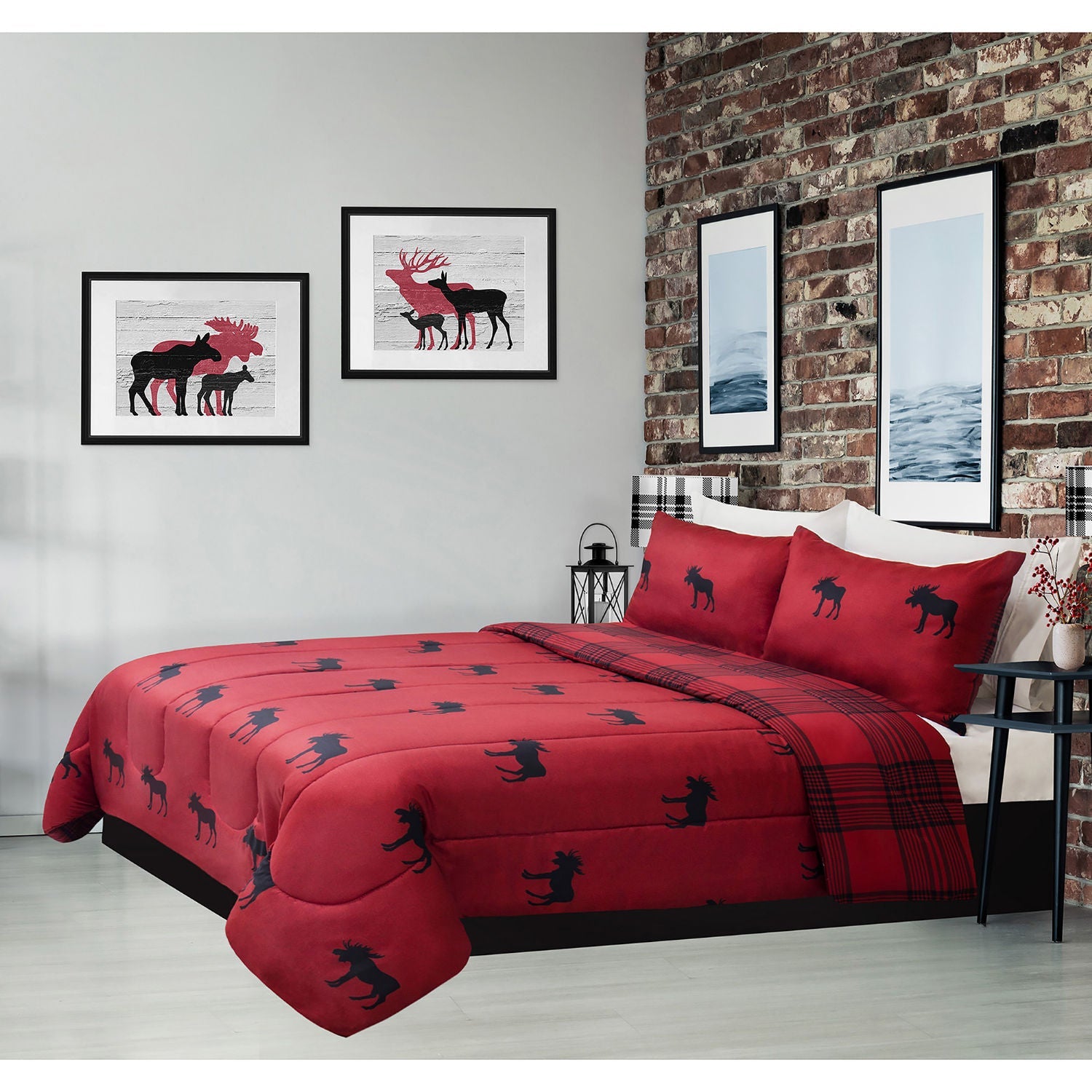 Reversible Printed Comforter Bedding Set 3 Piece Double/Queen Heathered Moose Rustic Cabin - DecoElegance - Bedding Comforter Set