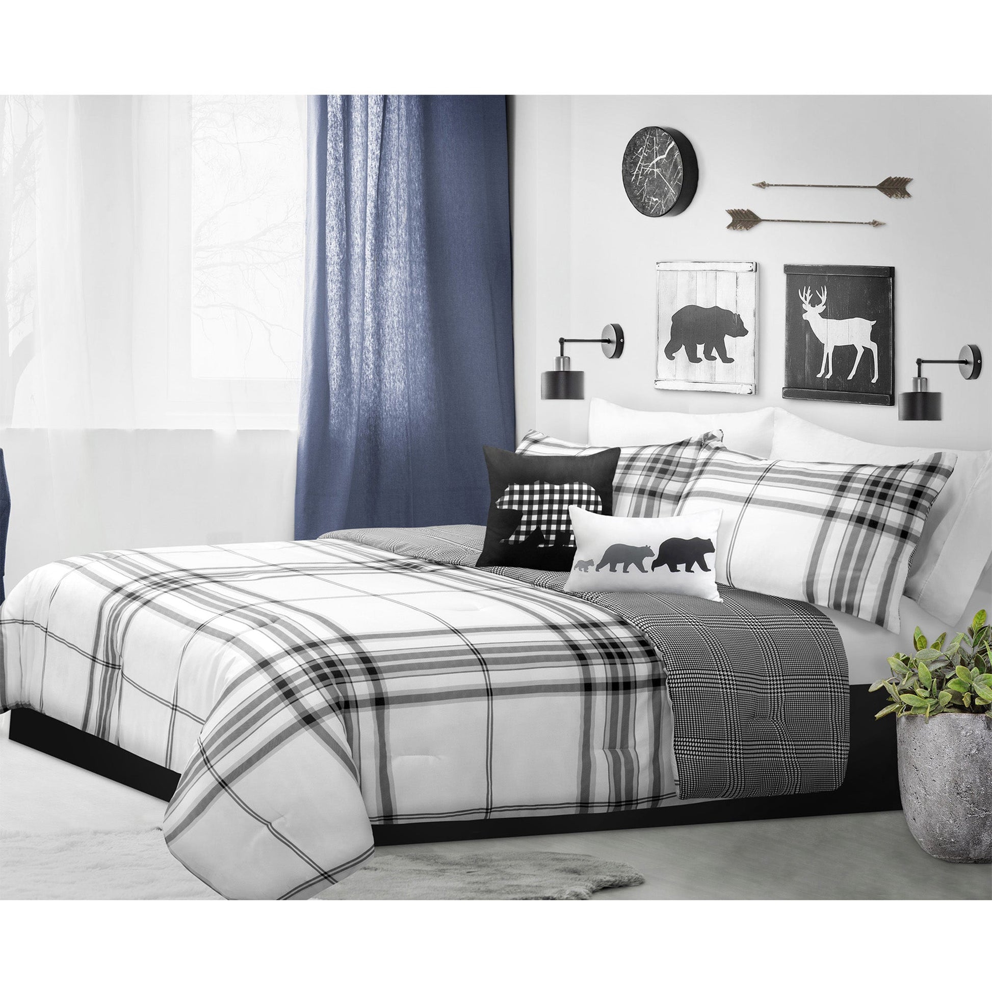 Reversible Printed Comforter Bedding Set King 5 Piece Bear Plaid Rustic Cabin - DecoElegance - Bedding Comforter Set