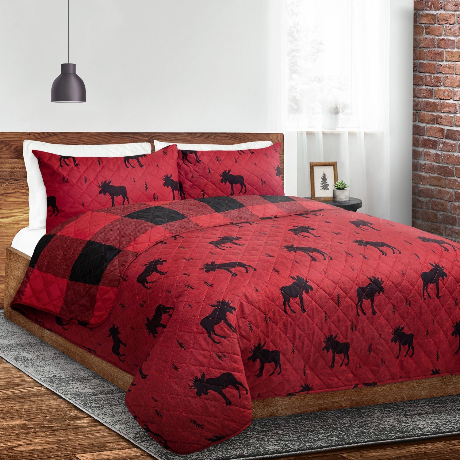 Reversible Printed Quilt Bedding Set 3 Piece King 104X92 Red Moose Ddp - DecoElegance - Bedding Quilt Set