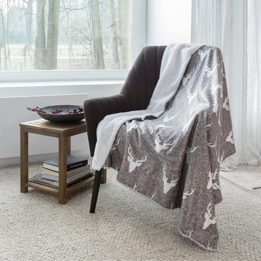 Super Soft Faux Fur Reversible Blanket Throw Sherpa Home Decor Bedding 48X60 Grey Heather Deer Shield - DecoElegance - Blanket Throw Home Bedding