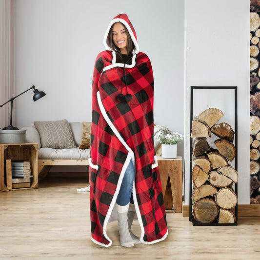 Super Soft Hooded Flannel Blanket Throw Home Decor Bedding 51X71 Red & Black - DecoElegance - Blanket Throw Home Bedding