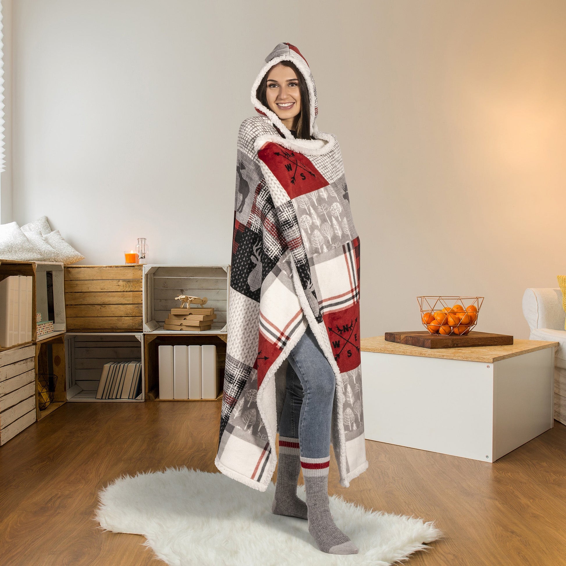Super Soft Hooded Sherpa Blanket Throw Home Decor Bedding 48X65 Forest Patchwork - DecoElegance - Blanket Throw Home Bedding