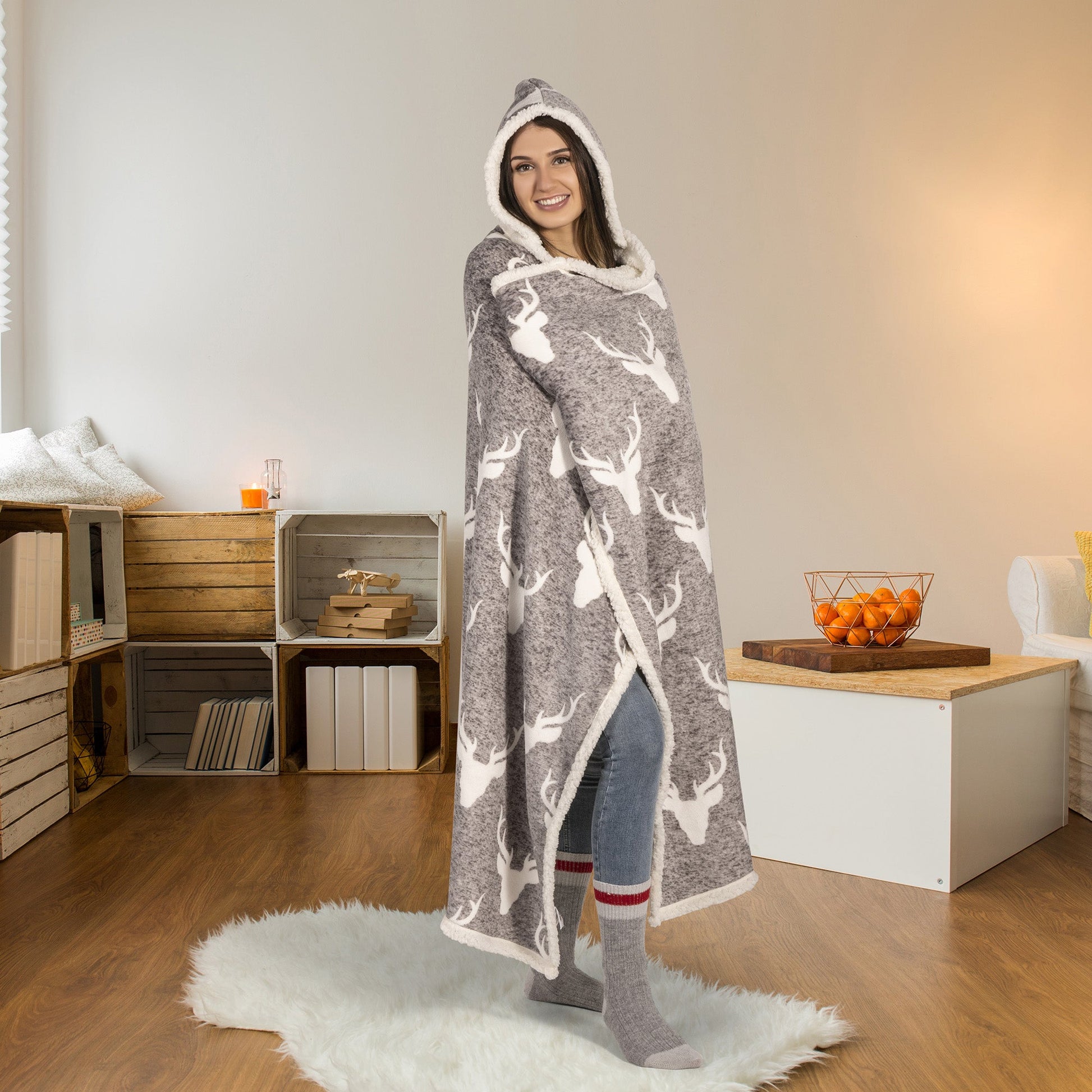 Super Soft Hooded Sherpa Blanket Throw Home Decor Bedding 48X65 Heathered Deer Shield - DecoElegance - Blanket Throw Home Bedding
