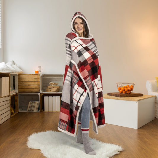 Super Soft Hooded Sherpa Blanket Throw Home Decor Bedding 48X65 Plaid Patchwork - DecoElegance - Blanket Throw Home Bedding