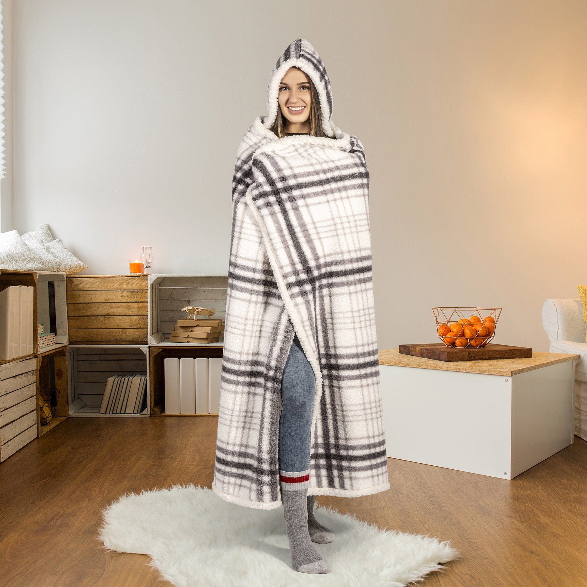 Super Soft Hooded Sherpa Blanket Throw Sherpa Home Decor Bedding 48X65 Grey Plaid - DecoElegance - Blanket Throw Home Bedding