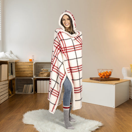 Super Soft Hooded Sherpa Blanket Throw Sherpa Home Decor Bedding 48X65 Red Plaid - DecoElegance - Blanket Throw Home Bedding