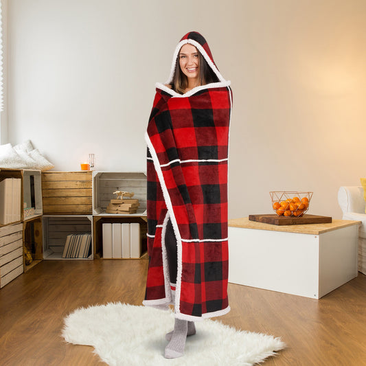Super Soft Printed Flannel Hooded Blanket Throw Home Decor Bedding 48X65 Red Buffalo Plaid - DecoElegance - Blanket Throw Home Bedding