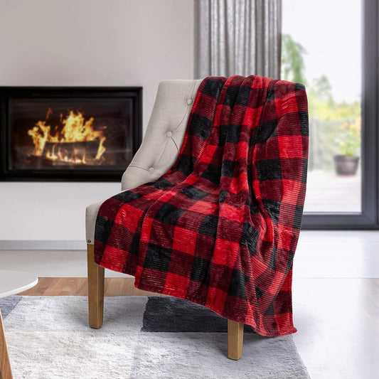 Super Soft Ribbed Flannel Blanket Throw Home Decor Bedding 48X60 Red Plaid - DecoElegance - Blanket Throw Home Bedding