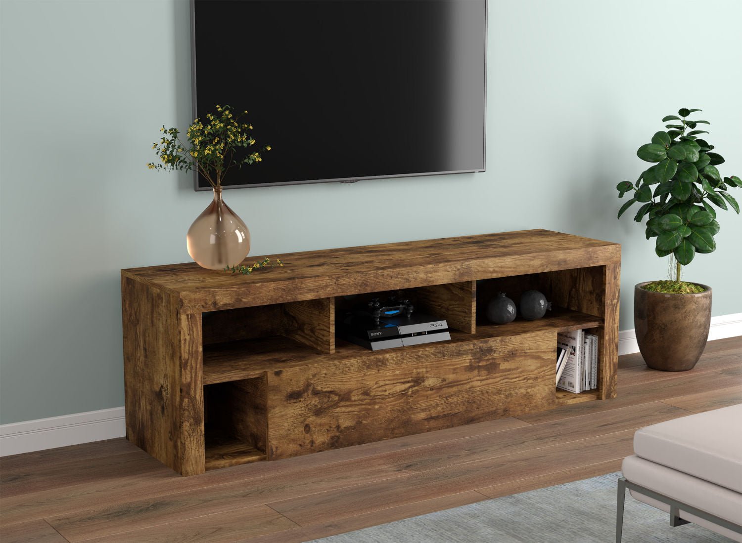 Tv Stand Brown Reclaimed Wood 1 Big Drawer 5 Shelves - DecoElegance - Entertainment Center and TV Stand