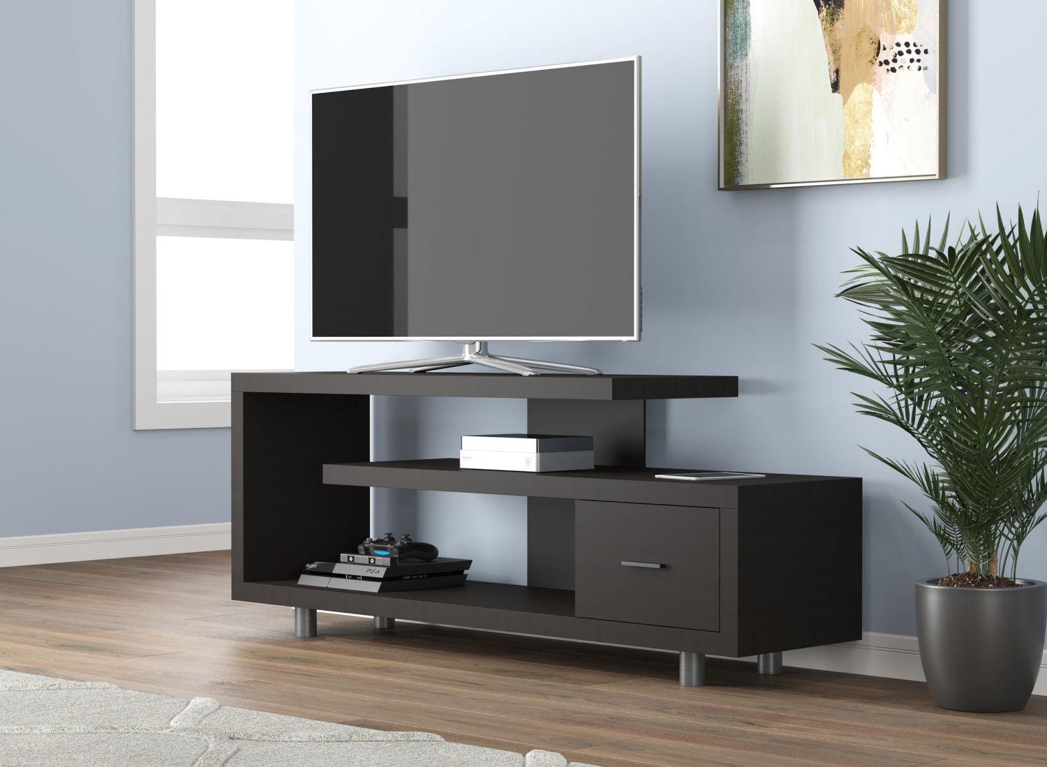 Tv Stand Cappuccino Staggered Concept 1 Drawer - DecoElegance - Entertainment Center and TV Stand