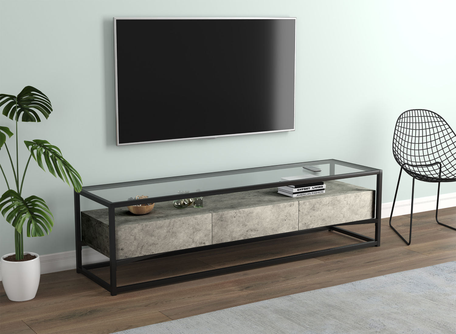 Tv Stand Dark Cement 3 Drawers Glass Top - DecoElegance - Entertainment Center and TV Stand