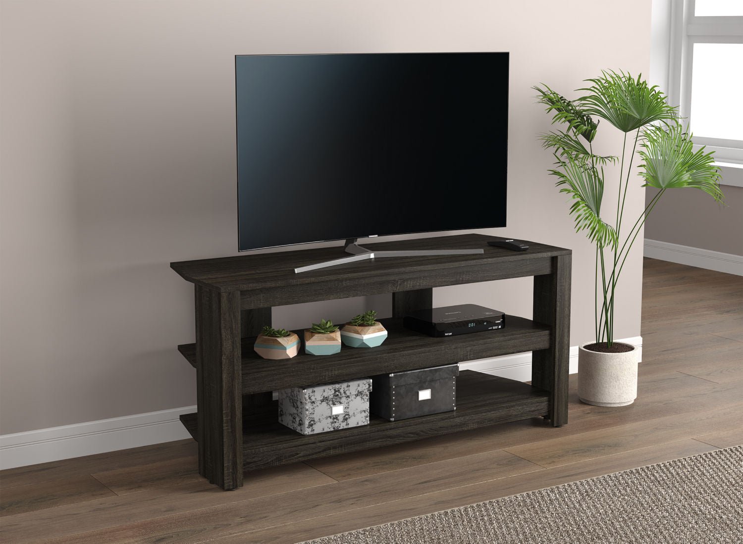 Tv Stand Dark Grey 2 Open Concept Shelves - DecoElegance - Entertainment Center and TV Stand