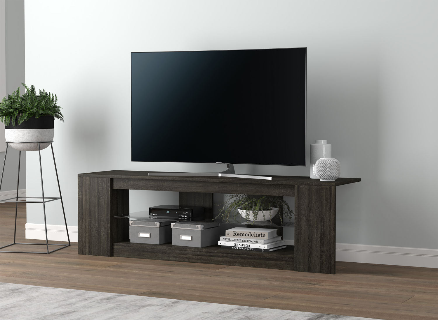Tv Stand Dark Grey 2 Shelves With Tempered Glass - DecoElegance - Entertainment Center and TV Stand