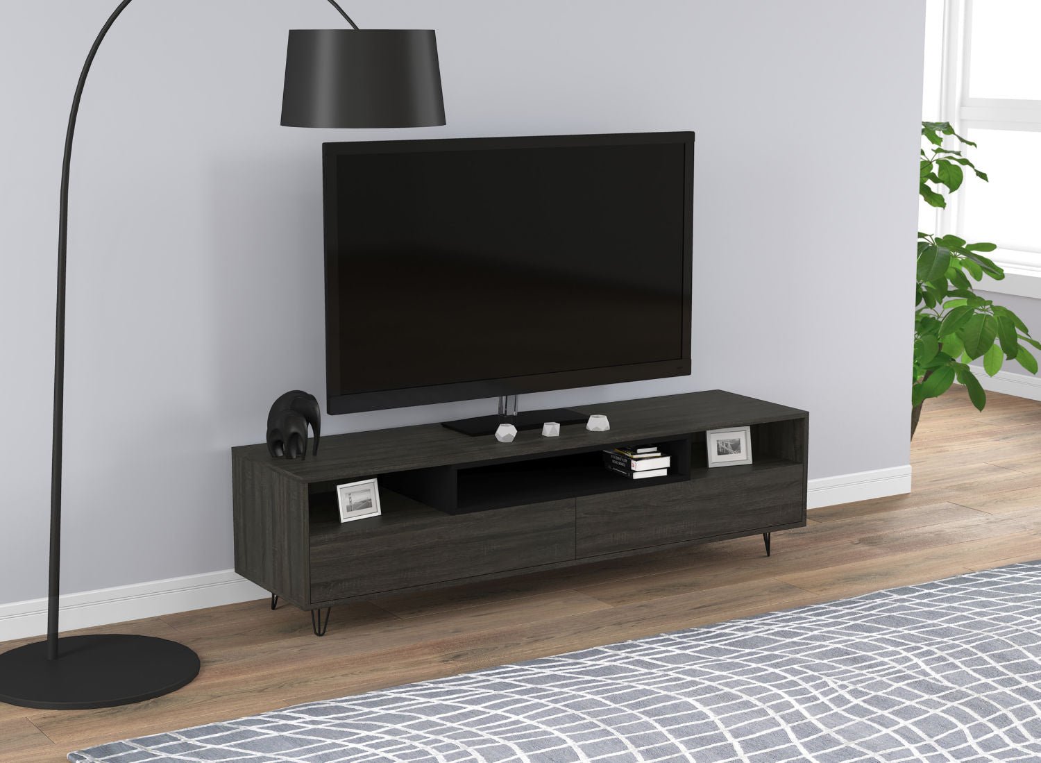 Tv Stand Dark Grey Wood 2 Drawers 3 Shelves - DecoElegance - Entertainment Center and TV Stand