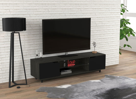 Tv Stand Dark Grey Wood 2 Shelves 2 Black Doors - DecoElegance - Entertainment Center and TV Stand