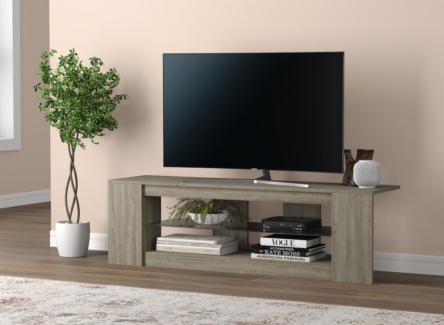 Tv Stand Dark Taupe 2 Shelves With Tempered Glass - DecoElegance - Entertainment Center and TV Stand