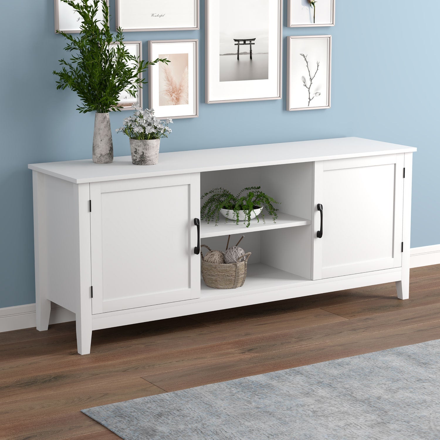 Tv Stand White 2 Closed Doors 2 Shelves - DecoElegance - Entertainment Center and TV Stand
